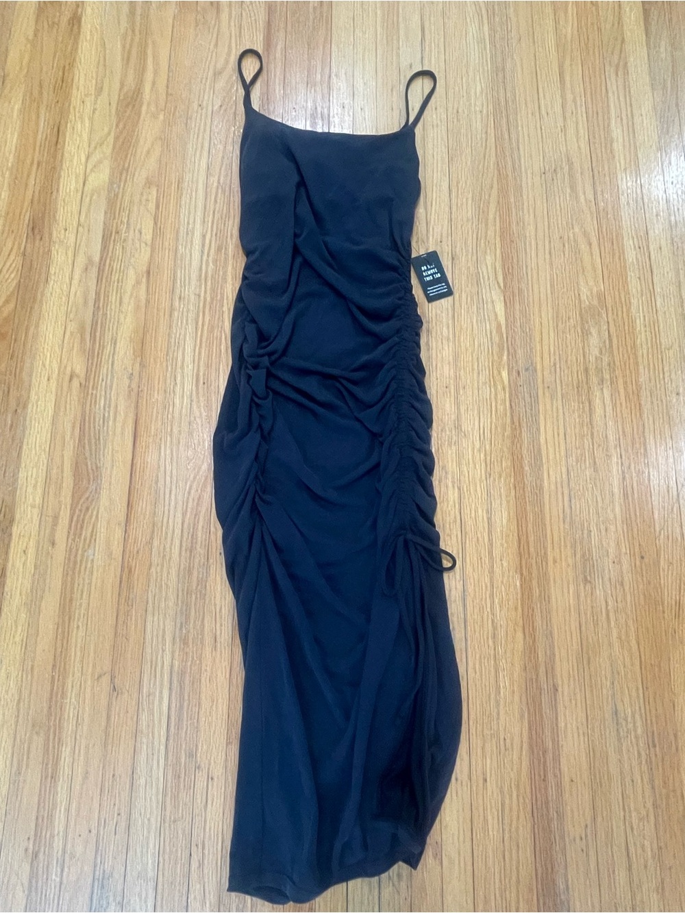 Express Black Ruched Maxi Slip Dress with Spaghetti Straps